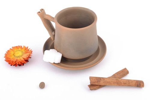 3 oz clay art hand-molded coffee cup with handle and saucer in brown color - MADEheart.com
