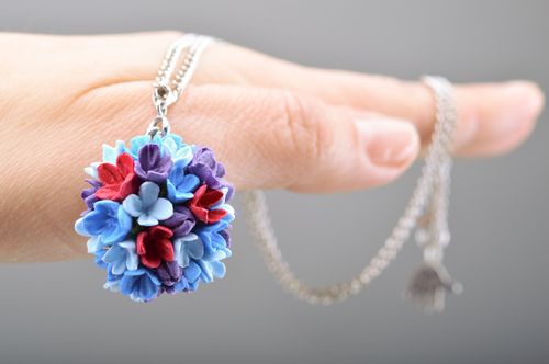 Bright handmade polymer clay flower pendant in the shape of cornflowers - MADEheart.com