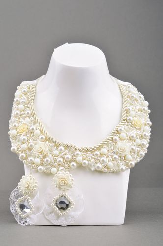 Set of handmade white bead embroidered jewelry long earrings and necklace - MADEheart.com