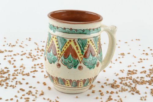 Decorative 8 oz clay cup in ethnic pattern with handle - MADEheart.com