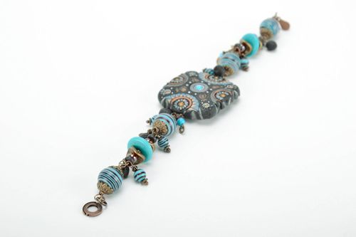 Bracelet made of black smoked ceramics, blue with turquoise - MADEheart.com