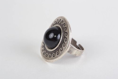 Handmade jewelry ring cast of hypoallergenic metal with black Czech glass bead - MADEheart.com