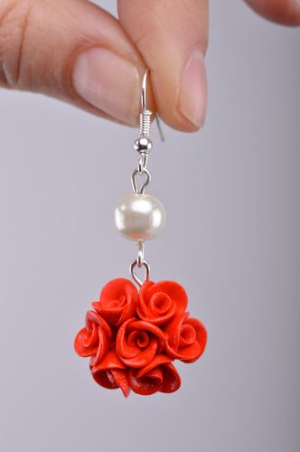 Stylish handmade red plastic flower earrings with beads - MADEheart.com