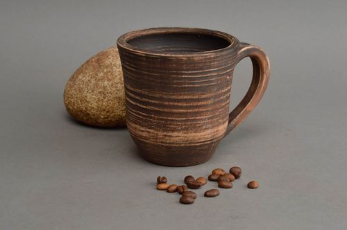 8 oz unglazed natural clay coffee cup in brown color with handle - MADEheart.com