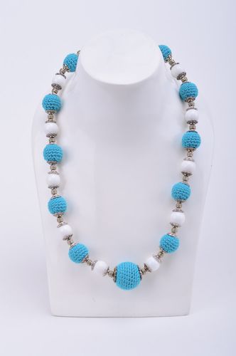 Handmade designer womens white and blue necklace with crochet over beads - MADEheart.com