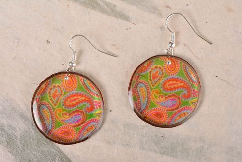 Handmade bright earrings of epoxy resin with print in decoupage technique - MADEheart.com