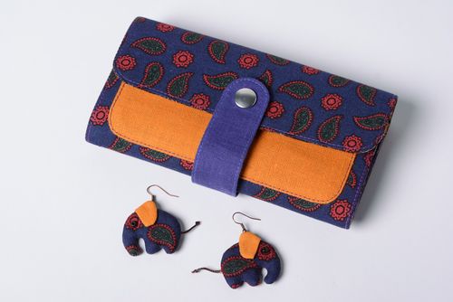 Set of bright fabric womens accessories handmade purse and earrings Elephants - MADEheart.com