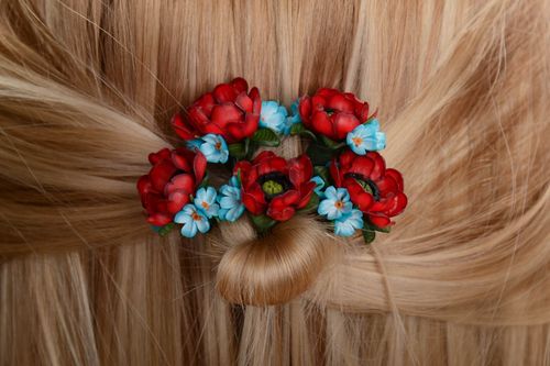 Zarte rote Haarnadeln mit Blumen aus Polymerton handmade Schmuck für Frauen Set 5 Stück - MADEheart.com