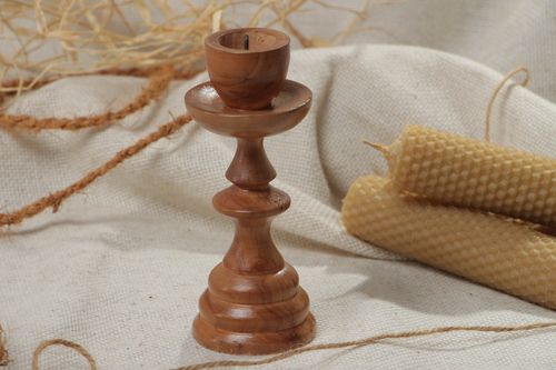 Handmade tall thin carved wooden candlestick of brown color for one candle - MADEheart.com