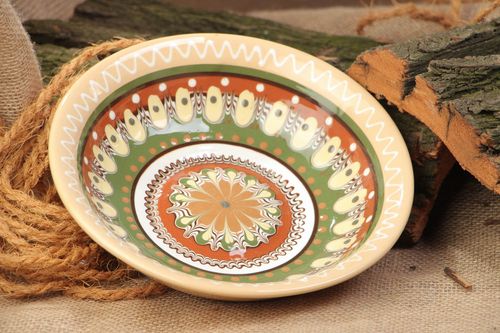 Large handmade clay deep plate painted with glaze 500 ml - MADEheart.com