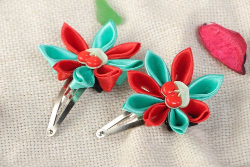 Set of 2 handmade satin hair clips with kanzashi flowers and cherries for girls - MADEheart.com