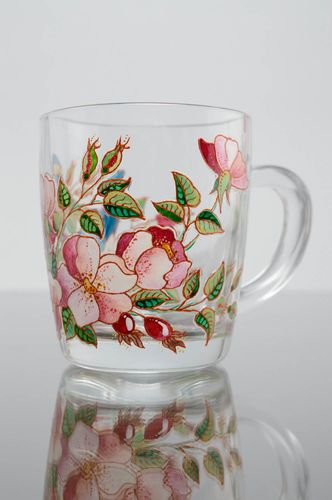 Stained tea cup with handle and hand-painted floral pattern with bird - MADEheart.com