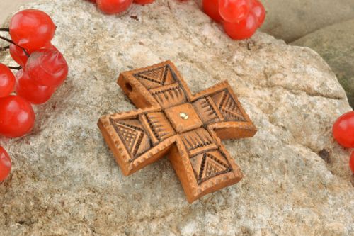 Wooden cross inlaid with metal inserts - MADEheart.com
