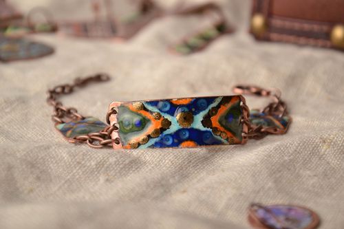 Copper bracelet painted with enamels with chain - MADEheart.com