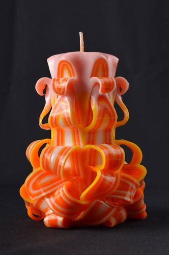 Orange handmade carved candle in pillar shape for home décor or birthday gift 5,9 inches - MADEheart.com