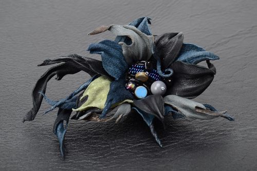 Designer handmade leather brooch in the shape of black flower with beads - MADEheart.com