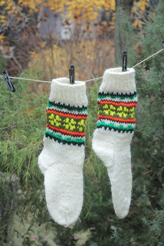 White woolen socks with colorful ornament - MADEheart.com