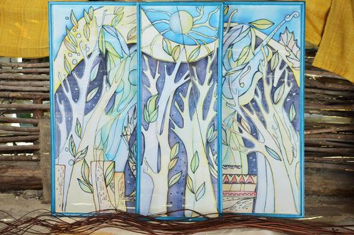 Tableau triptyque abstrait batik à froid sur tissu fait main tons bleus - MADEheart.com