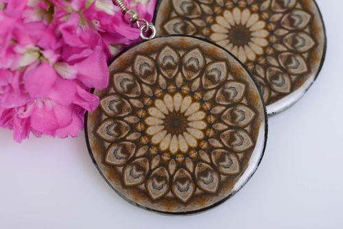Brown earrings made of polymer clay with decoupage technique handmade accessory - MADEheart.com