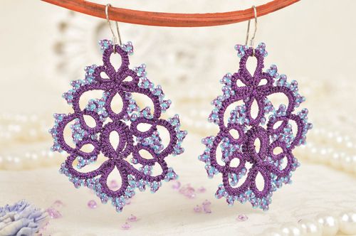 Unusual beautiful handmade designer lilac tatting lace earrings with beads - MADEheart.com