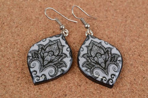 Black and white handmade designer polymer clay earrings with decoupage - MADEheart.com