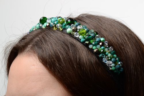 Festive handmade leather headband with beads of green color - MADEheart.com