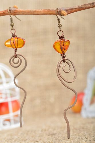 Unusual long handcrafted metal earrings with natural stone amber beautiful gift - MADEheart.com