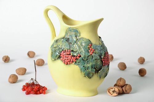 60 oz yellow ceramic handmade pitcher with handle for wine with molded grape ornament 3,5  lb - MADEheart.com