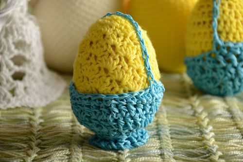 Handmade decorative wooden Easter egg crochet over with yellow and blue threads - MADEheart.com