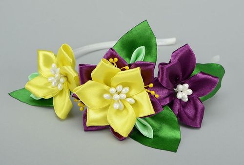 Headband, head wreath with satin flowers Yellow and violet - MADEheart.com