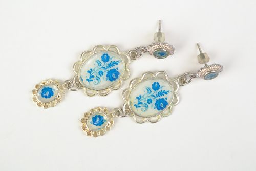 Handmade long vintage earrings with jewelry epoxy resin in blue color palette - MADEheart.com