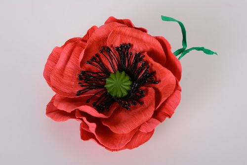 Заколка из фоамирана с цветком мака красная яркая красивая модная ручной работы - MADEheart.com