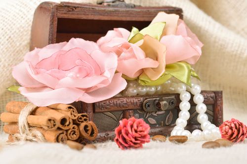 Set of 2 handmade decorative hair clips brooches with satin flowers with beads - MADEheart.com