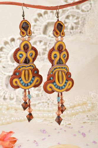 Handmade long dangle soutache earrings brown and yellow designer jewelry - MADEheart.com