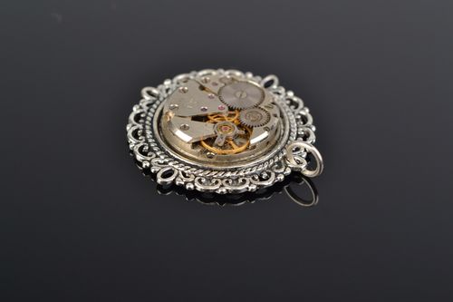 Handmade metal steampunk neck pendant of round shape with clock mechanism  - MADEheart.com
