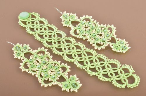 Handmade designer jewelry set tatting lace earrings and bracelet with beads - MADEheart.com