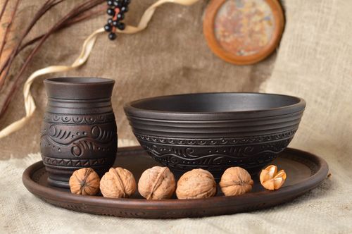 Set de vajilla de cerámica bandeja plato grande y vaso hermosos hechos a mano  - MADEheart.com