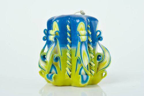 Yellow and blue homemade wide short carved paraffin candle for decor - MADEheart.com