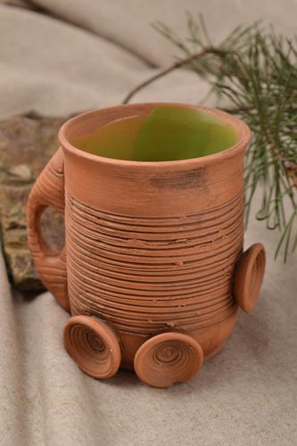 Art clay cup for tea or coffee 6 oz in light brown color and handle - MADEheart.com