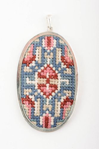 Handmade pendant with cross stitch silver frame beautiful gift pendant for women - MADEheart.com