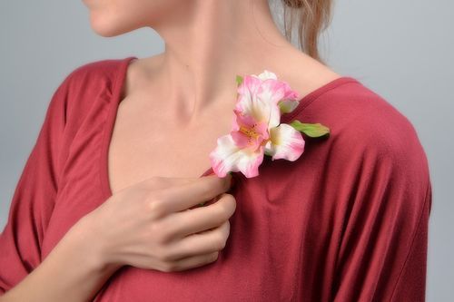Handmade brooch with volume plastic suede orchid flower for jacket or blouse - MADEheart.com