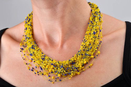 Handmade beaded necklace airy necklace yellow beaded necklace blue necklace   - MADEheart.com