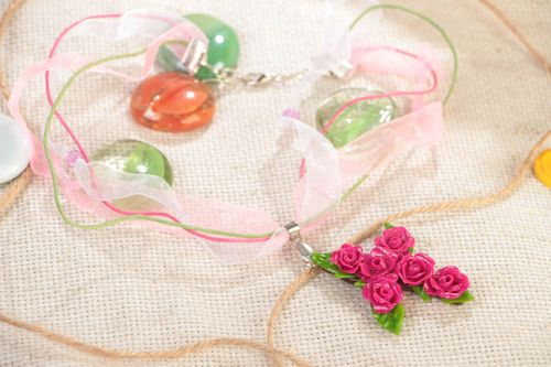 Handmade polymer clay bright pink floral cross pendant necklace on ribbons - MADEheart.com