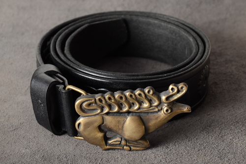 Homemade black genuine leather belt with brass buckle in the shape of bull - MADEheart.com