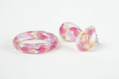 Handmade jewelry set real flower earrings epoxy resin seal ring unique jewelry - MADEheart.com