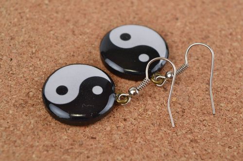 Beautiful handmade round polymer clay earrings with decoupage Yin Yang - MADEheart.com