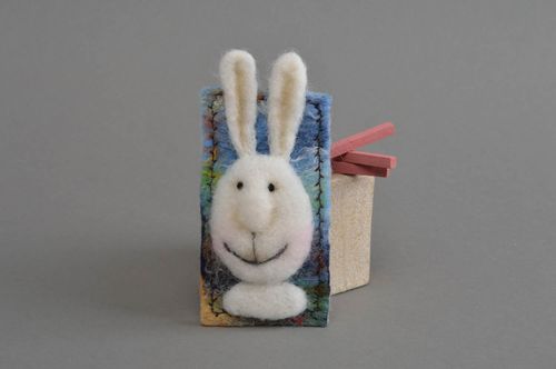 Wool felting fridge magnet with white bunny small beautiful handmade home decor - MADEheart.com