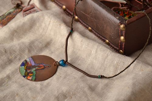 Round copper pendant with enamel painting Still Life - MADEheart.com