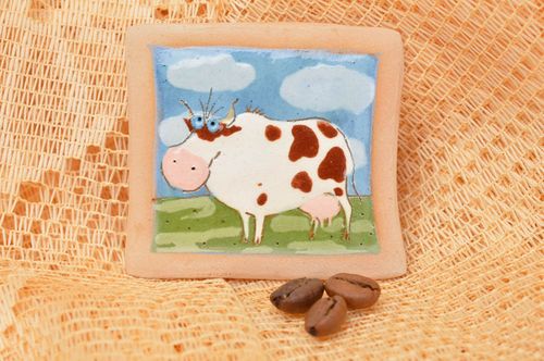 Magnet frigo fait main Aimant frigo en argile carré Décoration cuisine Vache - MADEheart.com