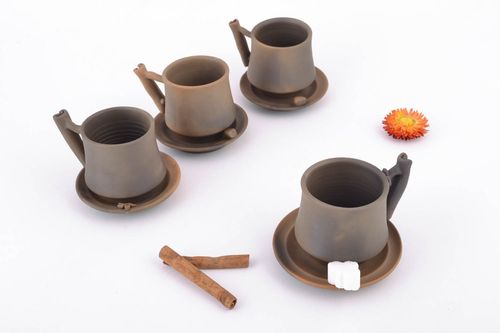 Set of clay brown art no pattern coffee 3 oz cups with handles and saucers - MADEheart.com